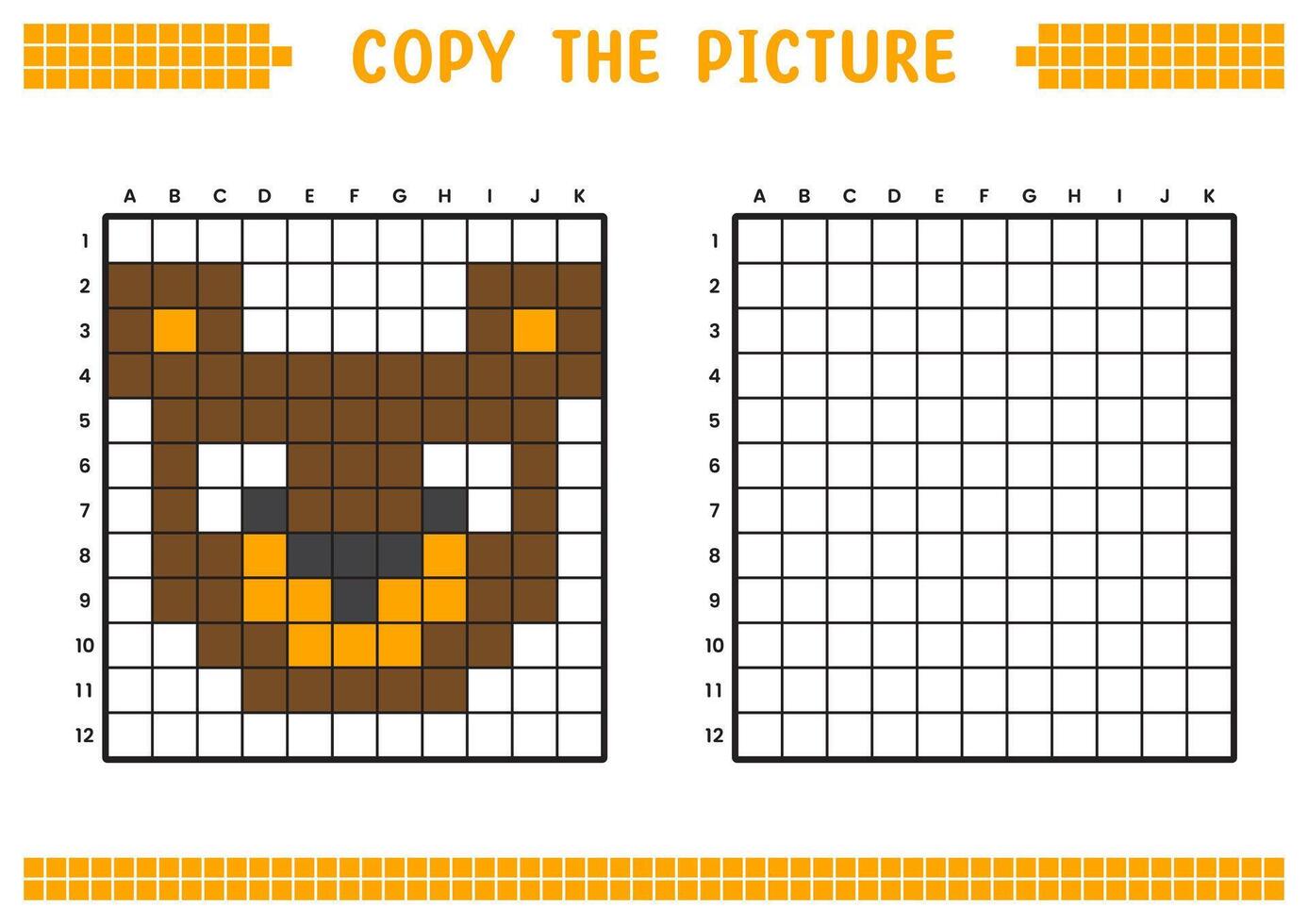 Copy the picture, complete the grid image. Educational worksheets drawing with squares, coloring areas. Preschool activities, children's games. Cartoon illustration, pixel art. Honey bear face. vector