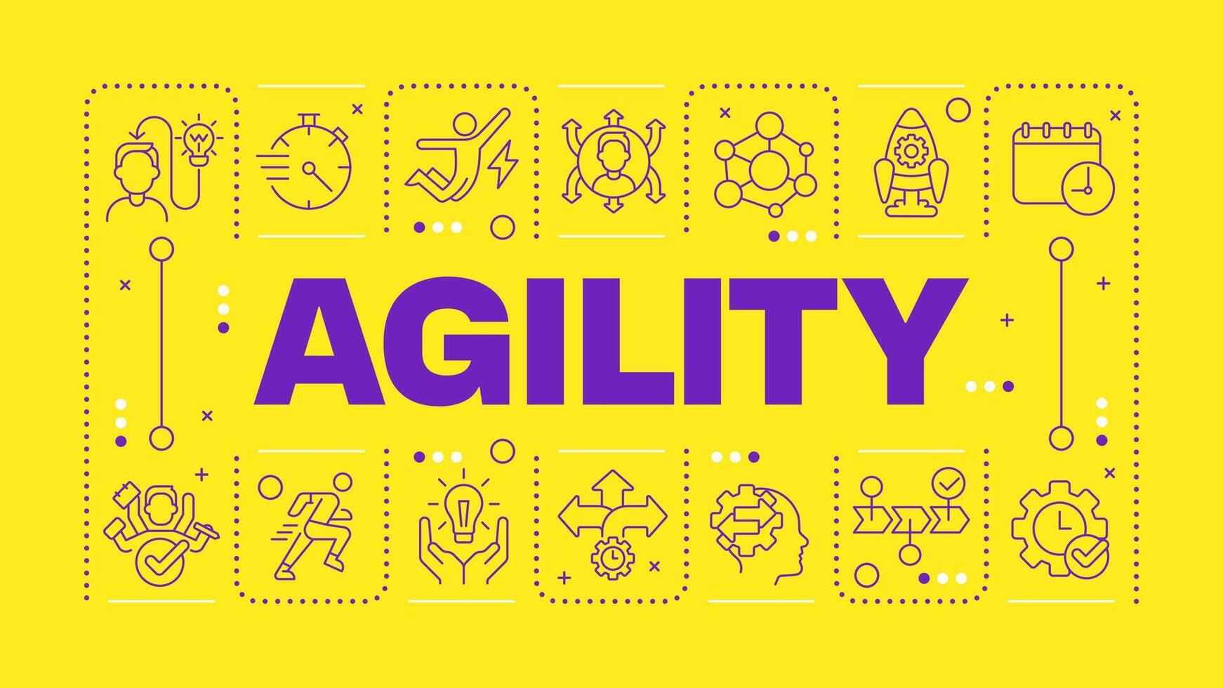 Agility yellow word concept. Business methodology. Project management. Process improvement. Horizontal image. Headline text surrounded by editable outline icons vector