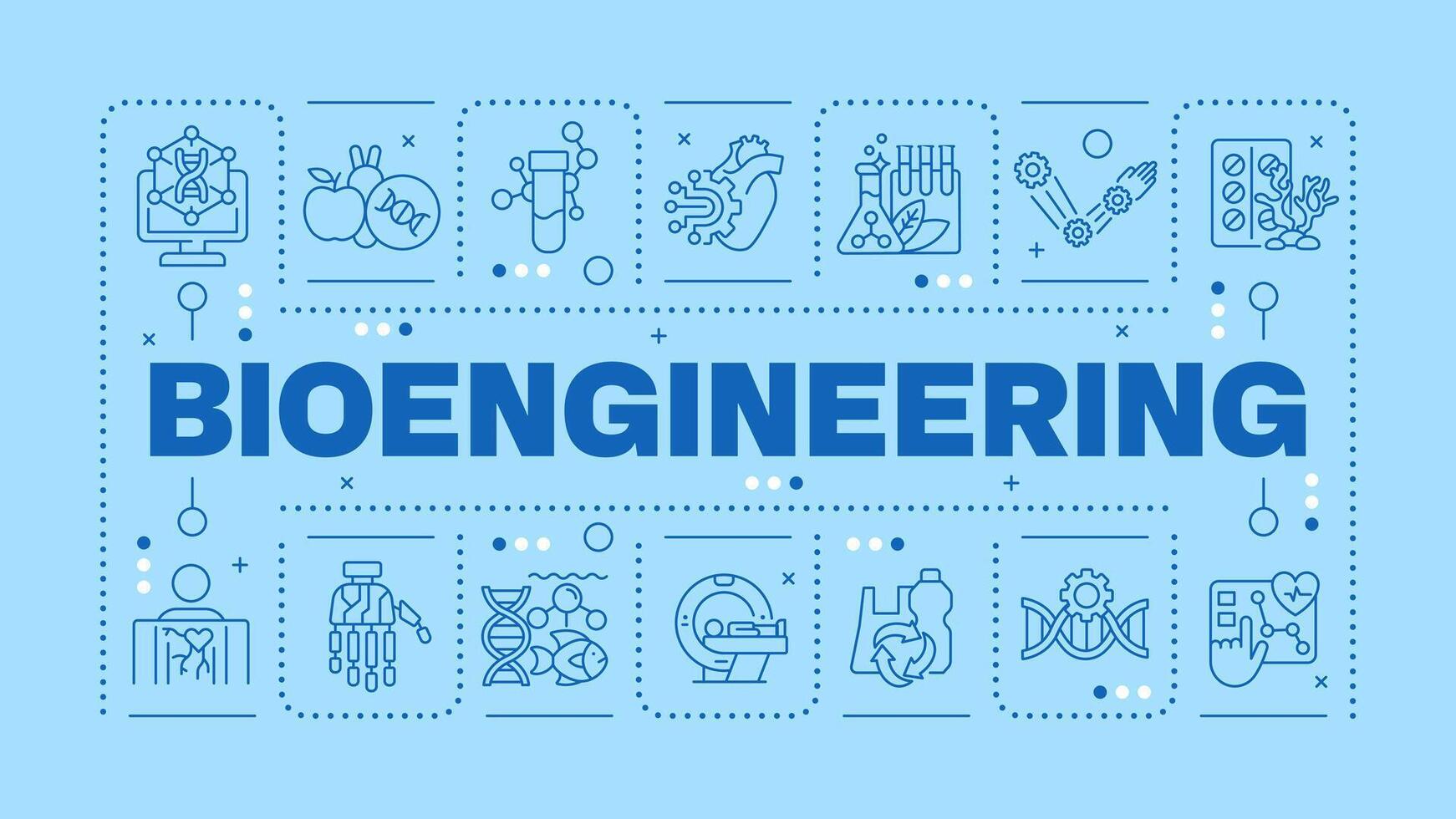 Bioengineering light blue word concept. Genetic engineering. Medical devices. DNA. Bioinformatics. Horizontal image. Headline text surrounded by editable outline icons vector