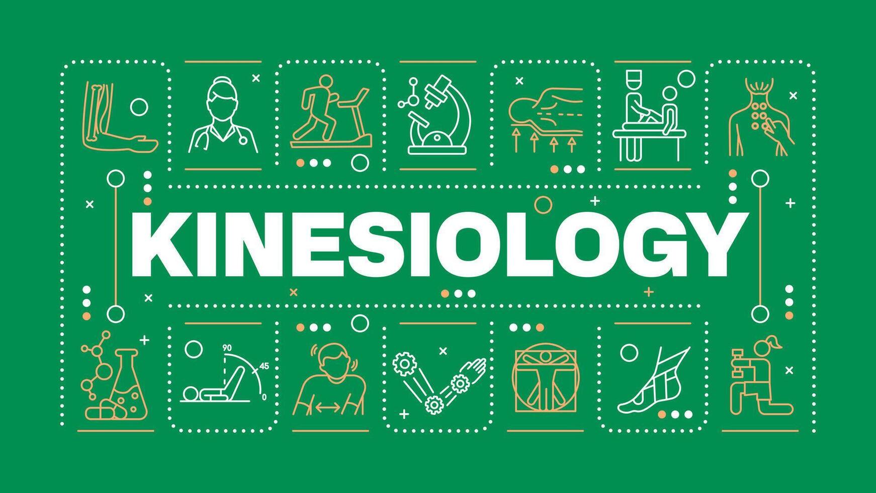 Kinesiology green word concept. Body movement science. Rehabilitation. Physical therapy. Horizontal image. Headline text surrounded by editable outline icons vector