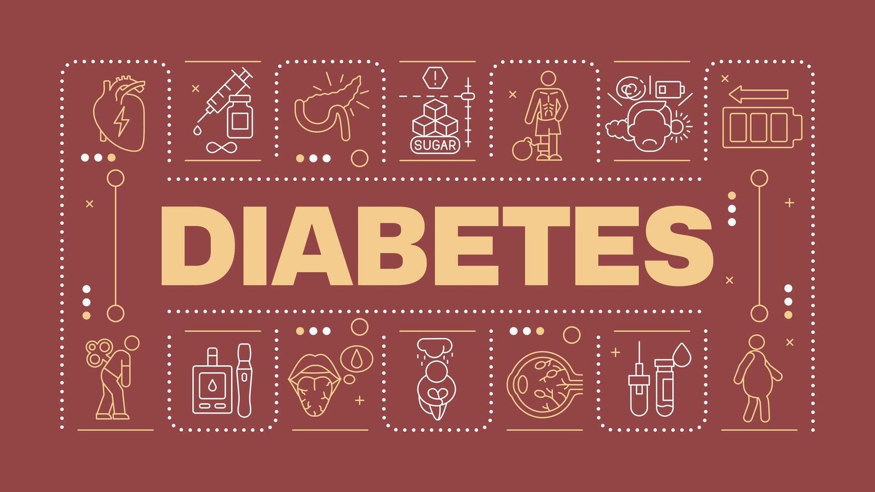 Diabetes dark red word concept. Chronic illness. Symptoms and treatment. Blood glucose levels. Horizontal image. Headline text surrounded by editable outline icons vector
