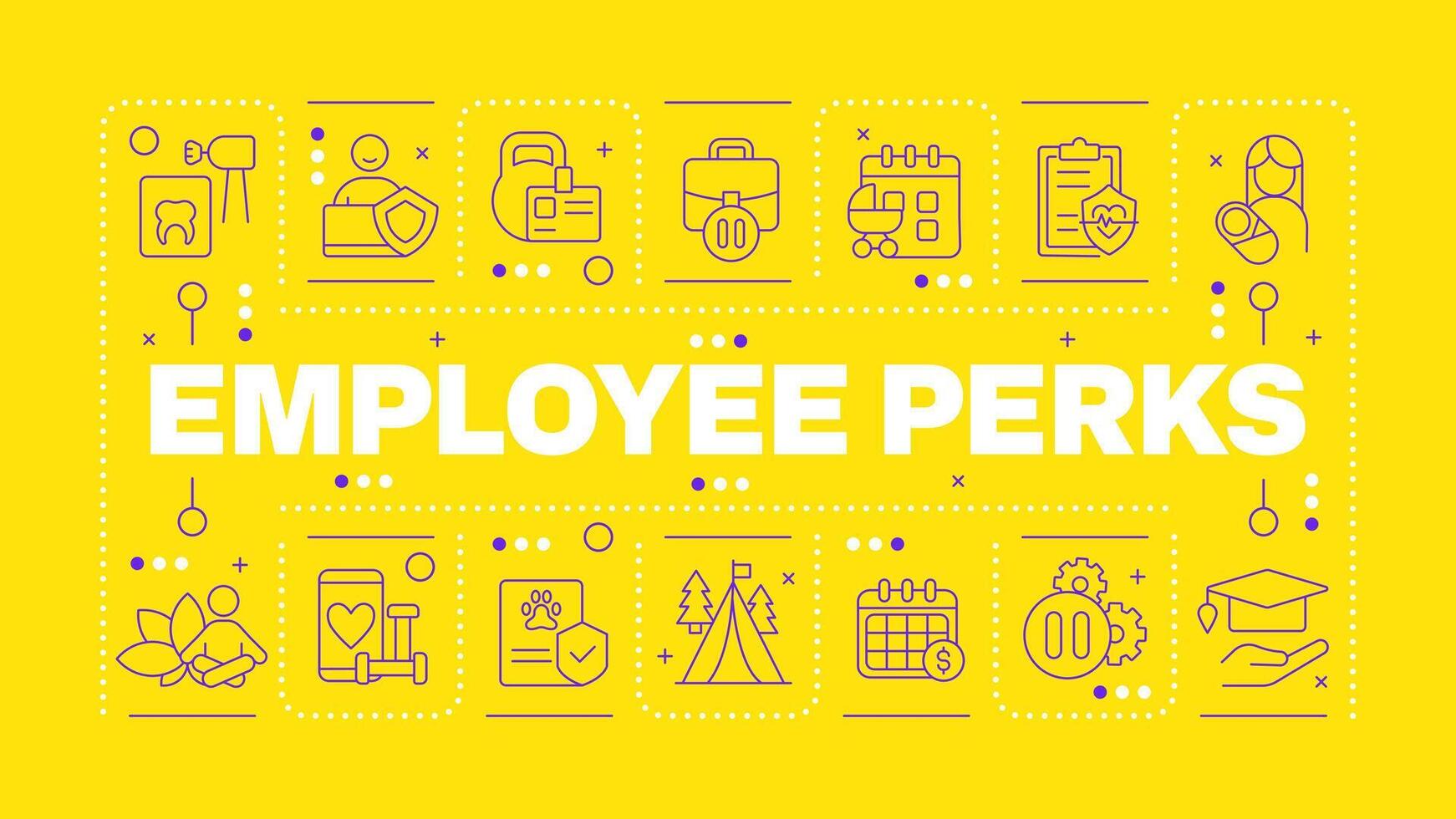Employee perks yellow word concept. Employee satisfaction and wellness. Parental leave. Horizontal image. Headline text surrounded by editable outline icons vector
