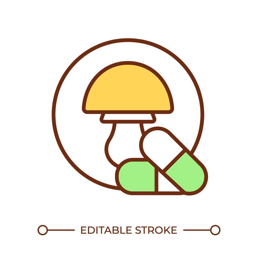 Medicinal mushroom RGB color icon. Mushroom and pills. Alternative medicine. Natural remedy. Fungi supplement. Isolated illustration. Simple filled line drawing. Editable stroke vector