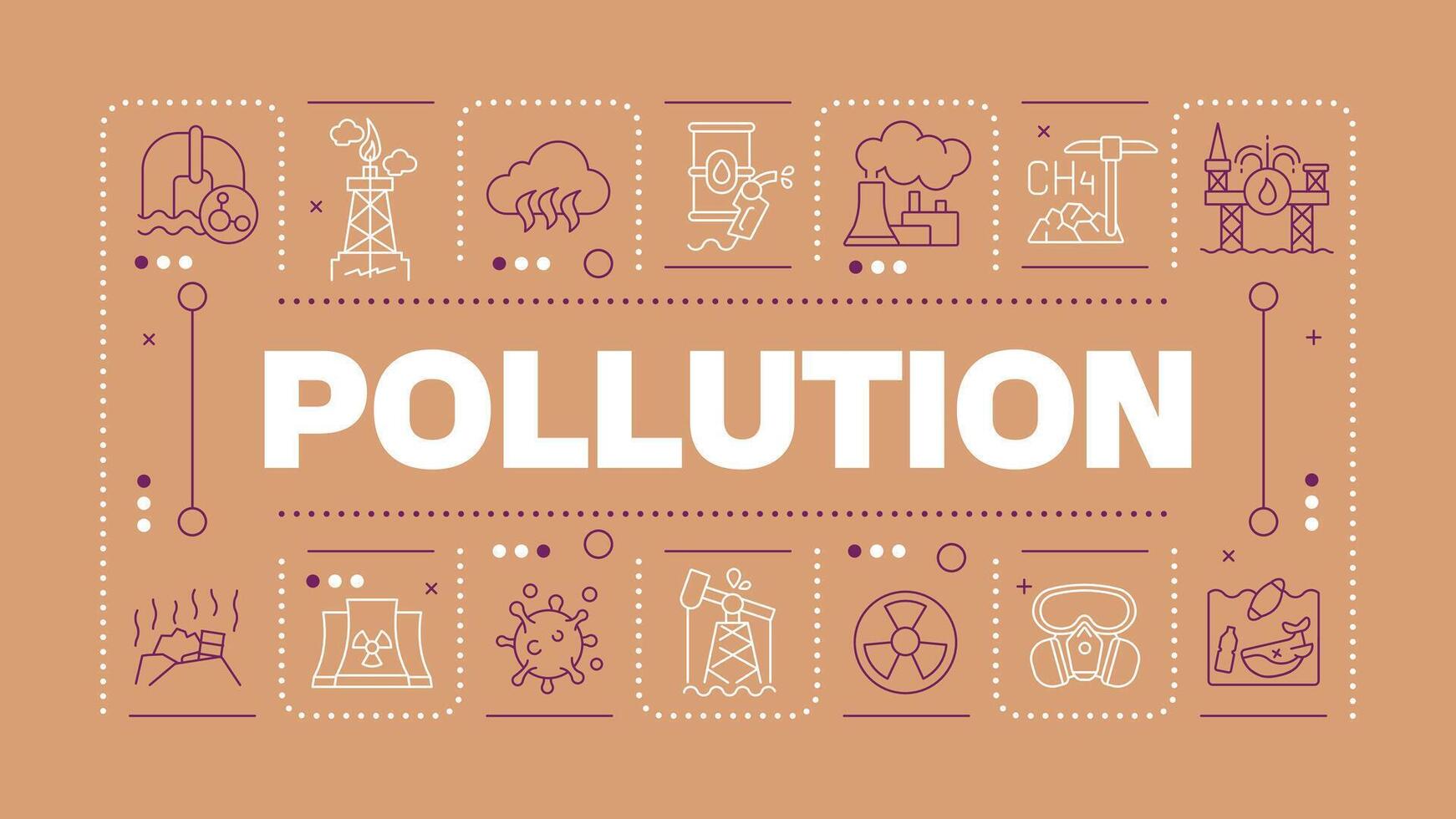 Pollution tan brown word concept. Air and water contamination. Toxic waste. Carbon emissions. Horizontal image. Headline text surrounded by editable outline icons vector