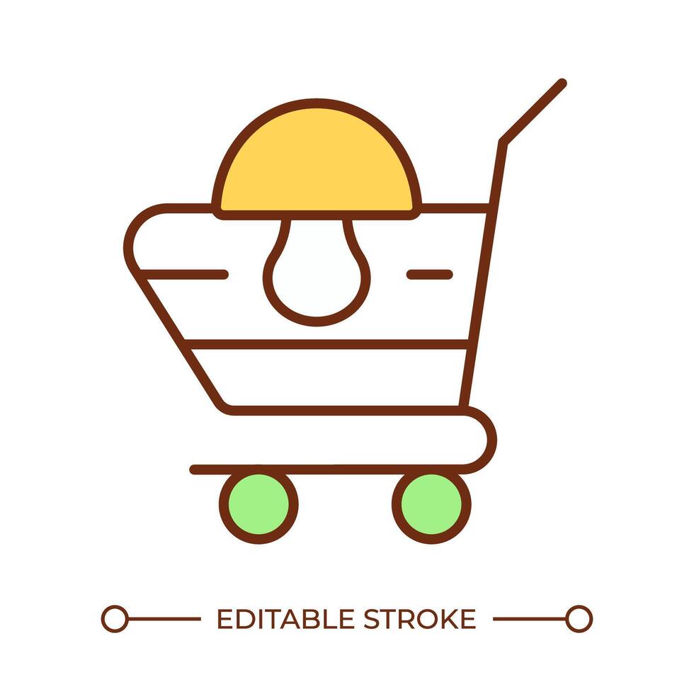 Retail of mushrooms RGB color icon. Shopping cart with mushroom inside. Groceries shopping. Organic product. Isolated illustration. Simple filled line drawing. Editable stroke vector