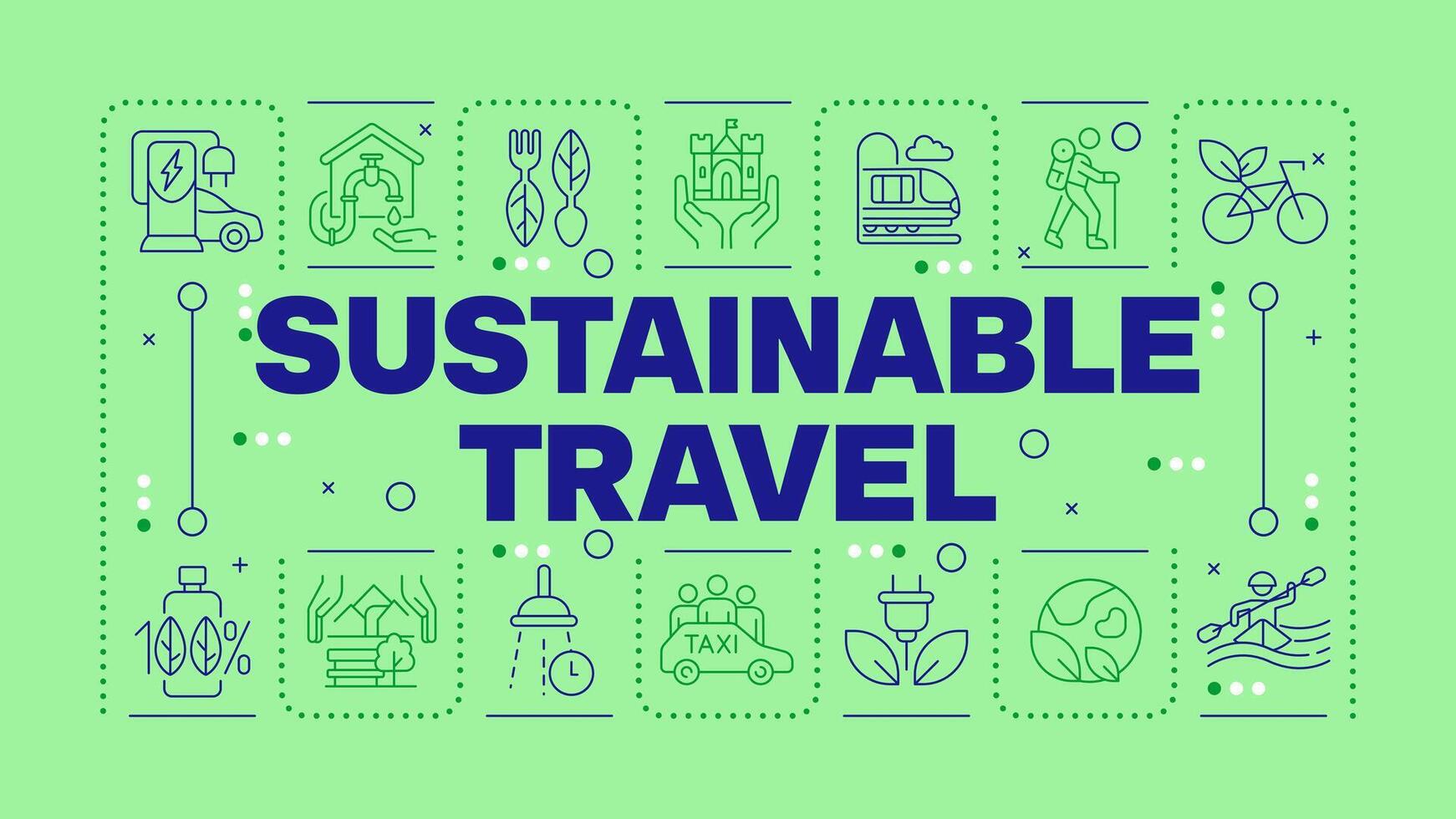 Sustainable travel light green word concept. Eco-conscious tourism. Using green transport. Horizontal image. Headline text surrounded by editable outline icons vector