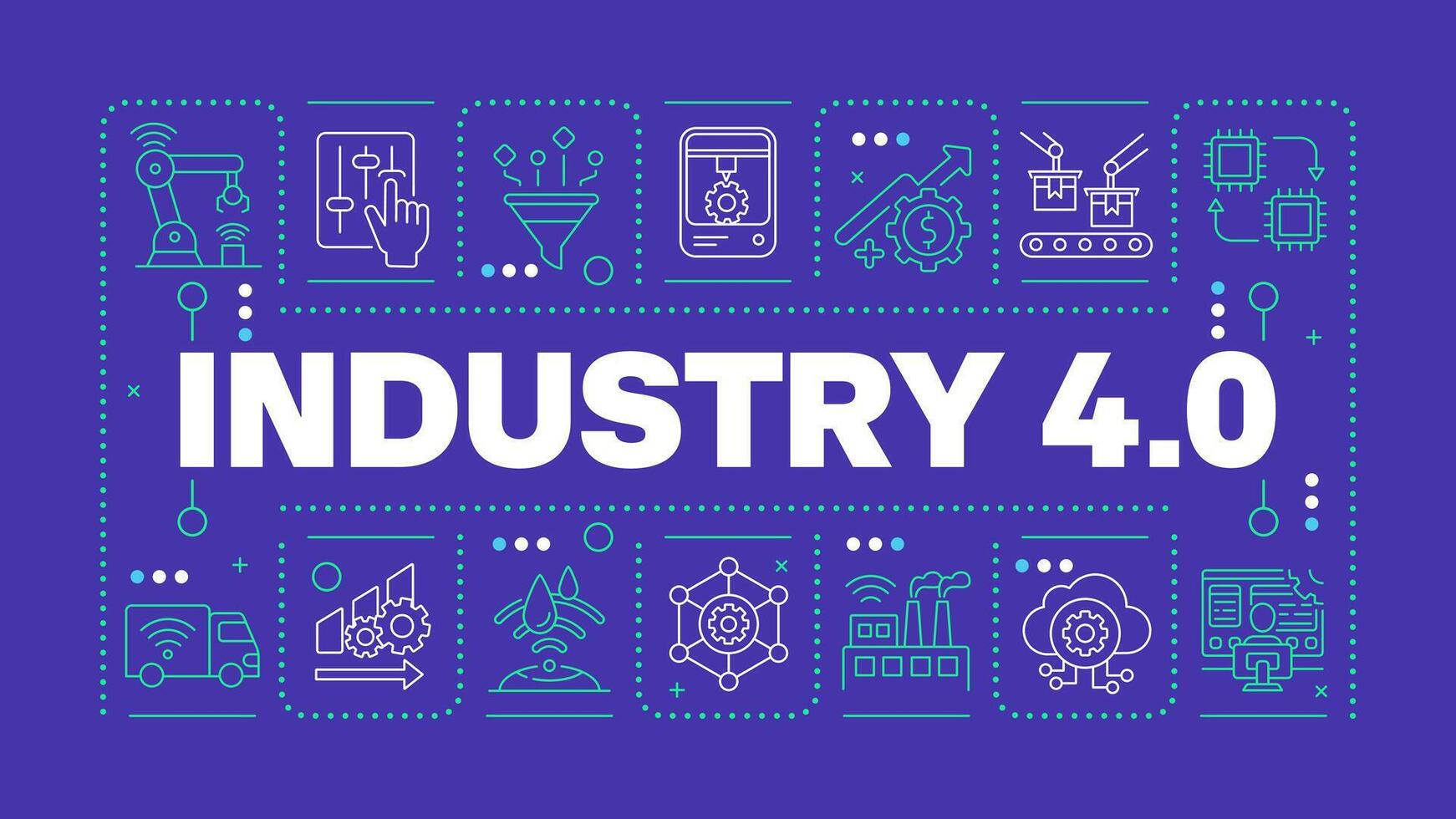 Industry 4 dark blue word concept. Fourth industrial revolution. Digital transformation. Horizontal image. Headline text surrounded by editable outline icons vector