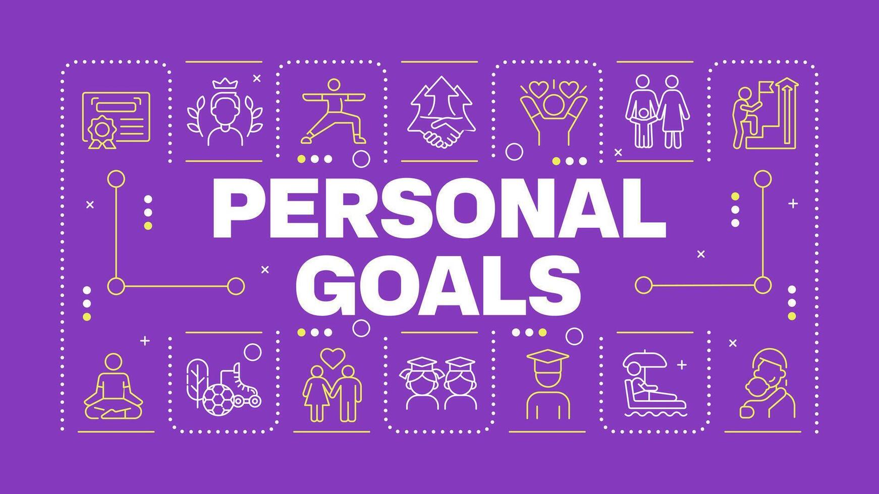 Personal goals purple word concept. Self improvement. Career advancement. Goal setting. Horizontal image. Headline text surrounded by editable outline icons vector
