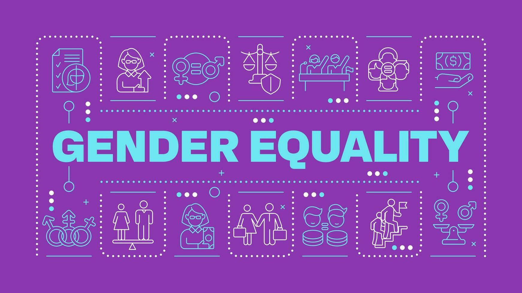 Gender equality bright purple word concept. Workplace diversity. Equal opportunities and rights. Horizontal image. Headline text surrounded by editable outline icons vector