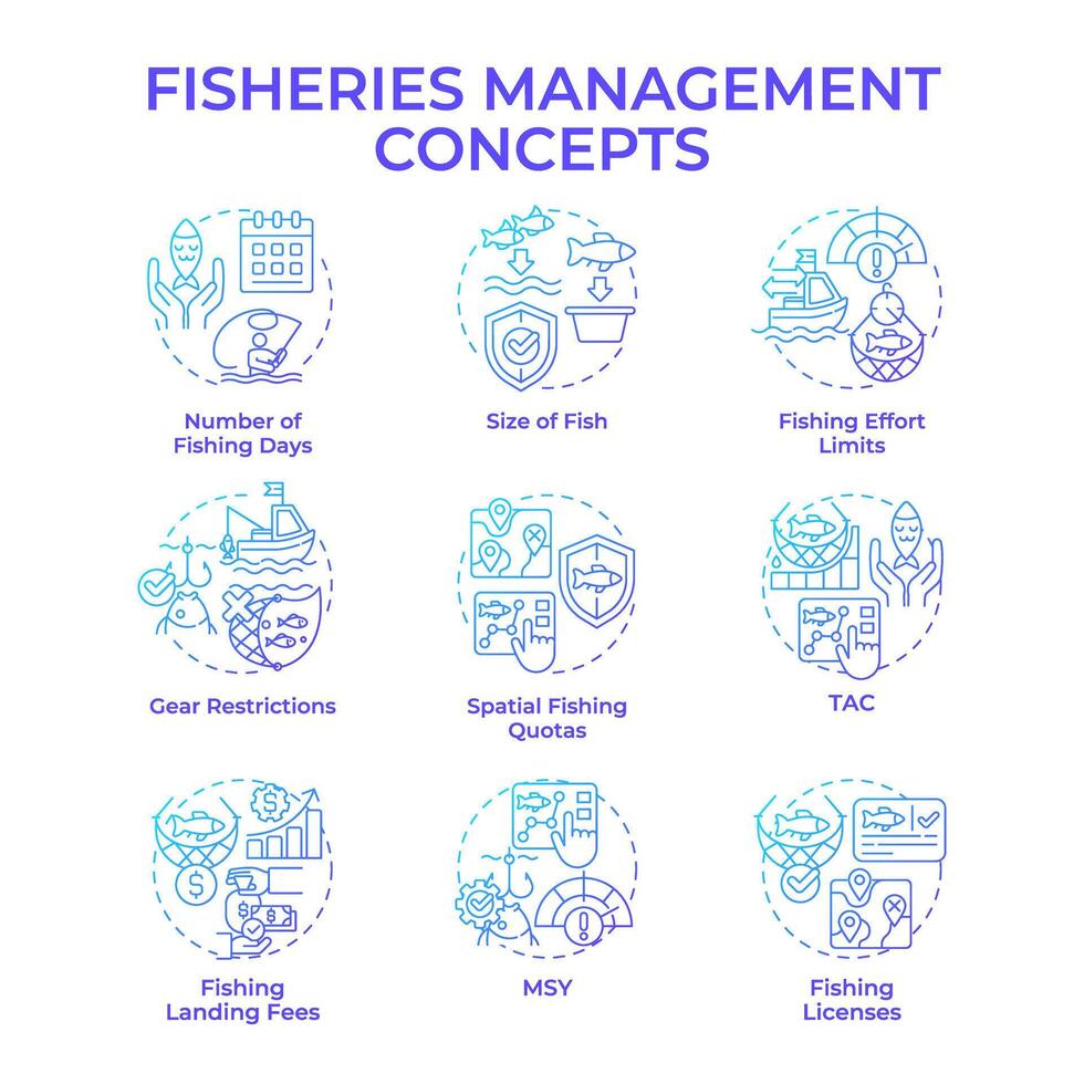 Fisheries management blue gradient concept icons. Marine ecosystem, seafood production. Icon pack. Round shape illustrations for infographic, presentation. Abstract idea vector