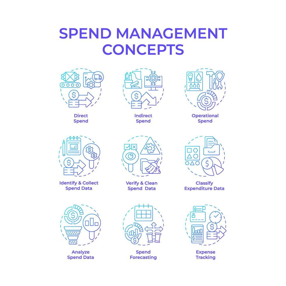 Spend management blue gradient concept icons. Expense reports, financial growth. Economic stability. Icon pack. Round shape illustrations for infographic, presentation. Abstract idea vector