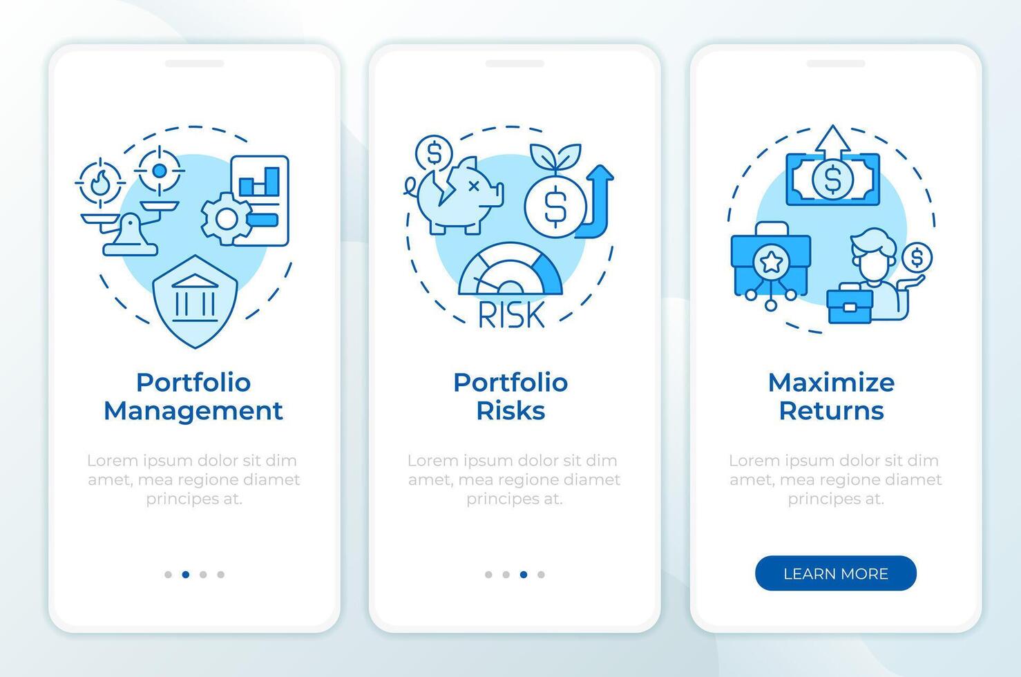 Portfolio organization risks blue onboarding mobile app screen. Walkthrough 3 steps editable graphic instructions with linear concepts. UI, UX, GUI template vector