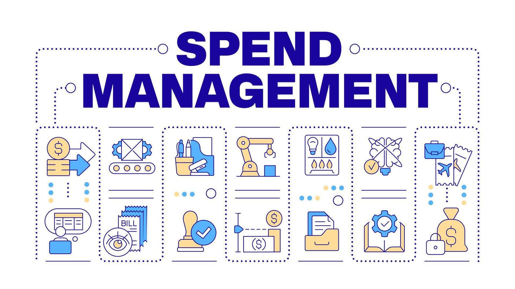 Spend management yellow word concept. Borrowing needs, expenses report. Corporate spending. Horizontal image. Headline text surrounded by editable outline icons vector