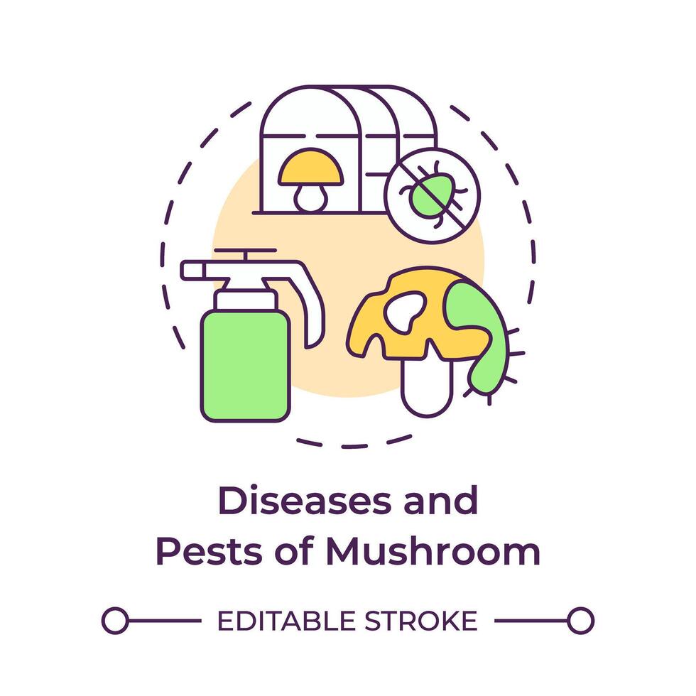 Diseases and pests of mushrooms multi color concept icon. Fungal infections. Mushroom management and regulation. Round shape line illustration. Abstract idea. Graphic design. Easy to use in article vector