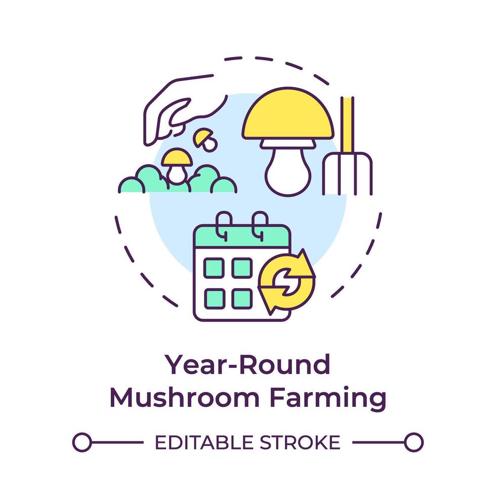 Year-round mushroom farming multi color concept icon. Mushroom cultivation benefit. Short growth cycle. Round shape line illustration. Abstract idea. Graphic design. Easy to use in article vector