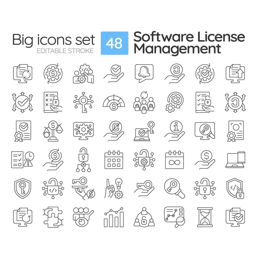 Software license management linear icons set. Regulatory compliance, usage monitoring. Licensing service. Customizable thin line symbols. Isolated outline illustrations. Editable stroke vector