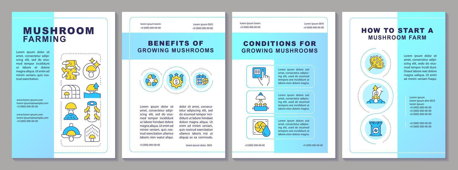 Mushroom farming blue gradient brochure template. Benefits. Leaflet design with linear icons. Editable 4 layouts for presentation, annual reports vector