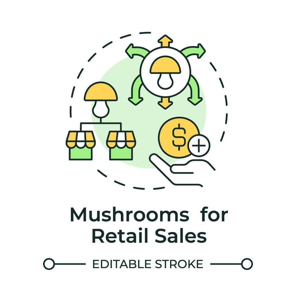 Mushroom for retail sales multi color concept icon. Commercial farming. Grocery stores and supermarkets. Round shape line illustration. Abstract idea. Graphic design. Easy to use in article vector