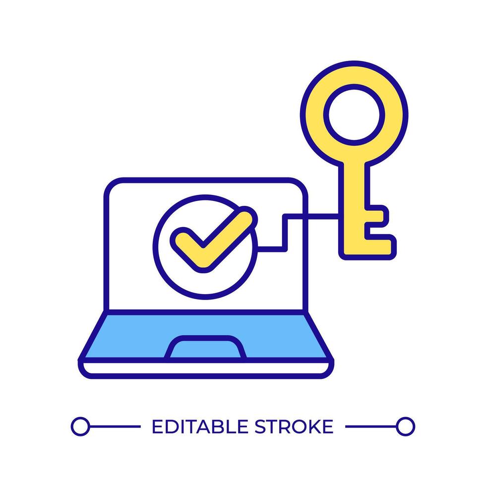 Device node-locking RGB color icon. Usage tracking, check mark. Laptop monitoring, access control. Compliance regulation. Isolated illustration. Simple filled line drawing. Editable stroke vector
