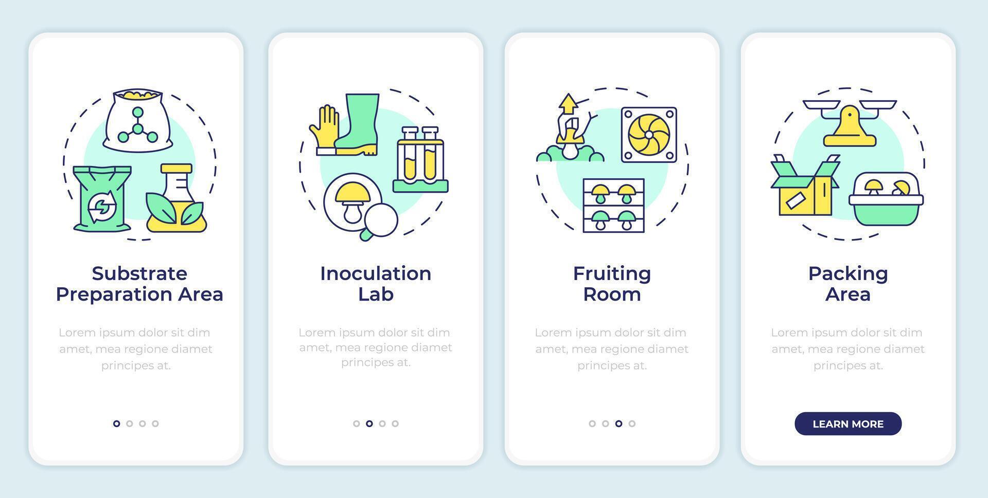 Mushroom farm parts onboarding mobile app screen. Walkthrough 4 steps editable graphic instructions with linear concepts. UI, UX, GUI template vector