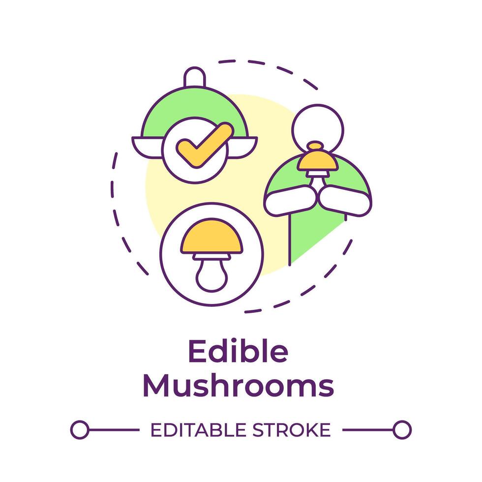 Edible mushrooms multi color concept icon. Safe mushrooms for eating. Foraging mushrooms. Vegan food. Round shape line illustration. Abstract idea. Graphic design. Easy to use in article vector