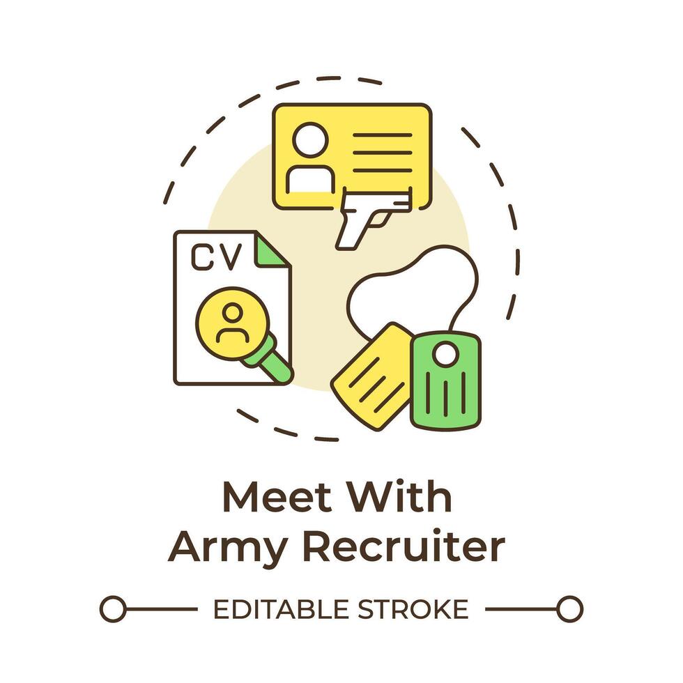Meet with army recruiter multi color concept icon. Physical health, military specialty. Round shape line illustration. Abstract idea. Graphic design. Easy to use in infographic, presentation vector