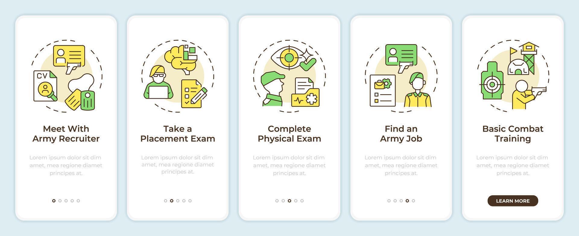 Steps to joining the military onboarding mobile app screen. Walkthrough 5 steps editable graphic instructions with linear concepts. UI, UX, GUI template vector