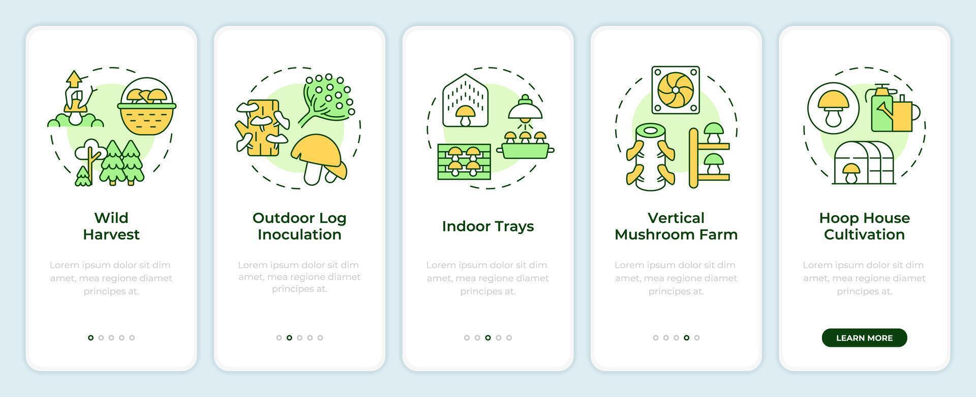 Cultivation techniques onboarding mobile app screen. Walkthrough 5 steps editable graphic instructions with linear concepts. UI, UX, GUI template vector