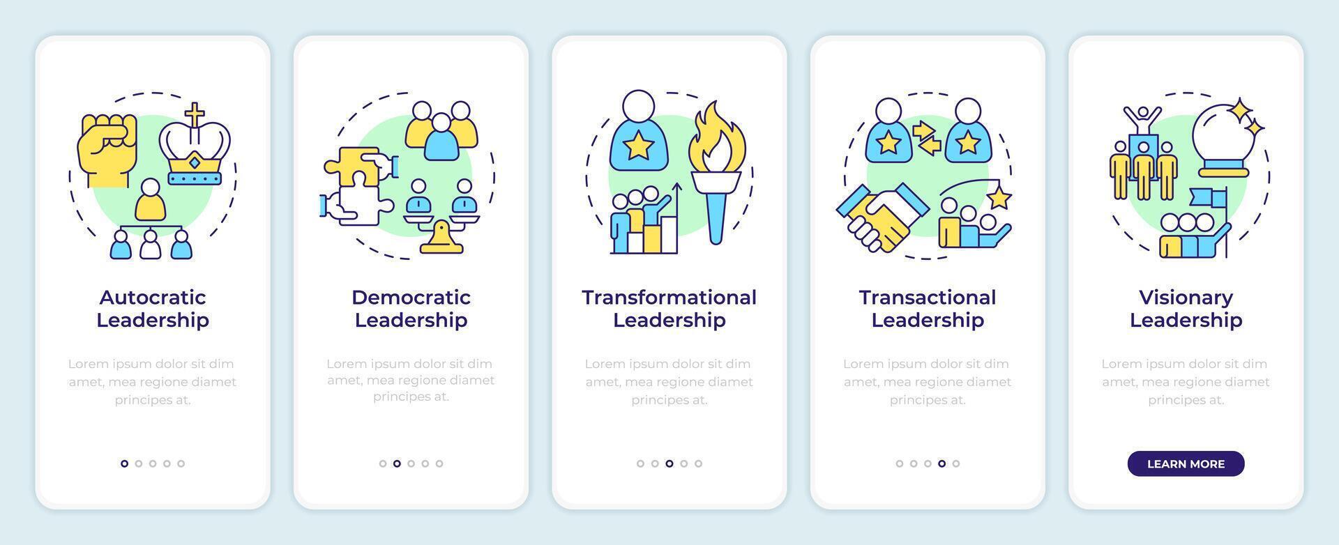 Leadership styles onboarding mobile app screen. Walkthrough 5 steps editable graphic instructions with linear concepts. UI, UX, GUI template vector