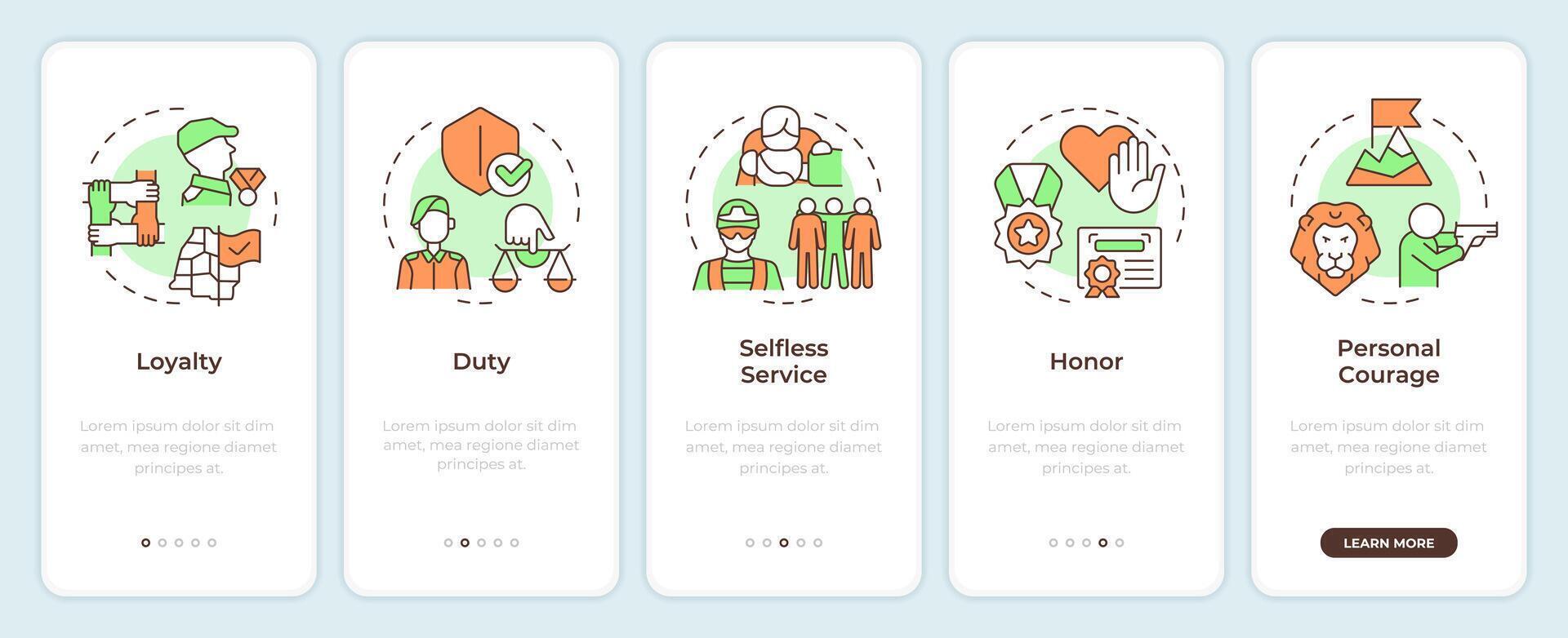 Army values onboarding mobile app screen. Military service. Walkthrough 5 steps editable graphic instructions with linear concepts. UI, UX, GUI template vector