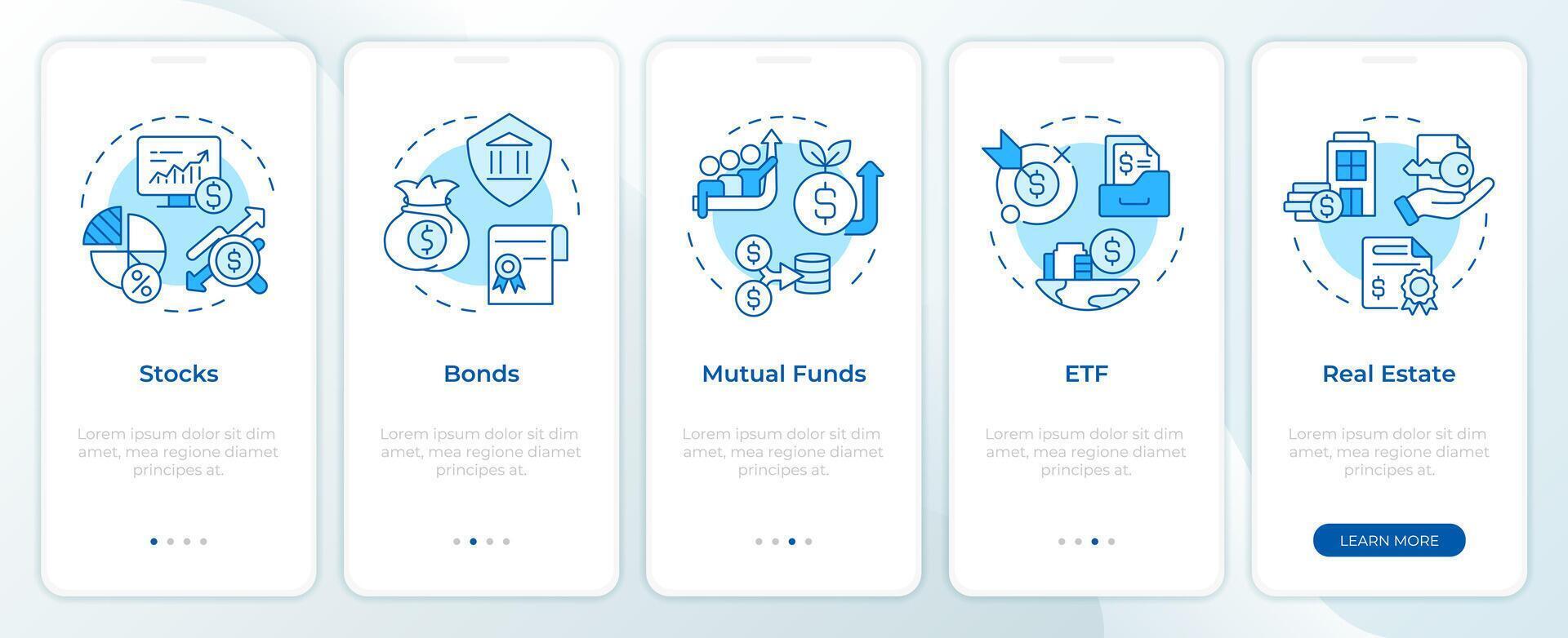 Investments diversity blue onboarding mobile app screen. Walkthrough 5 steps editable graphic instructions with linear concepts. UI, UX, GUI template vector
