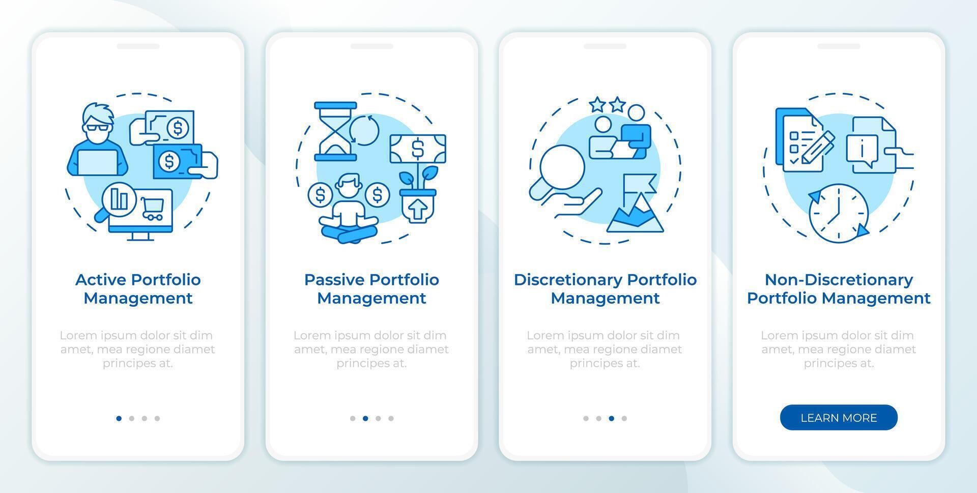 Portfolio organization types blue onboarding mobile app screen. Walkthrough 4 steps editable graphic instructions with linear concepts. UI, UX, GUI template vector