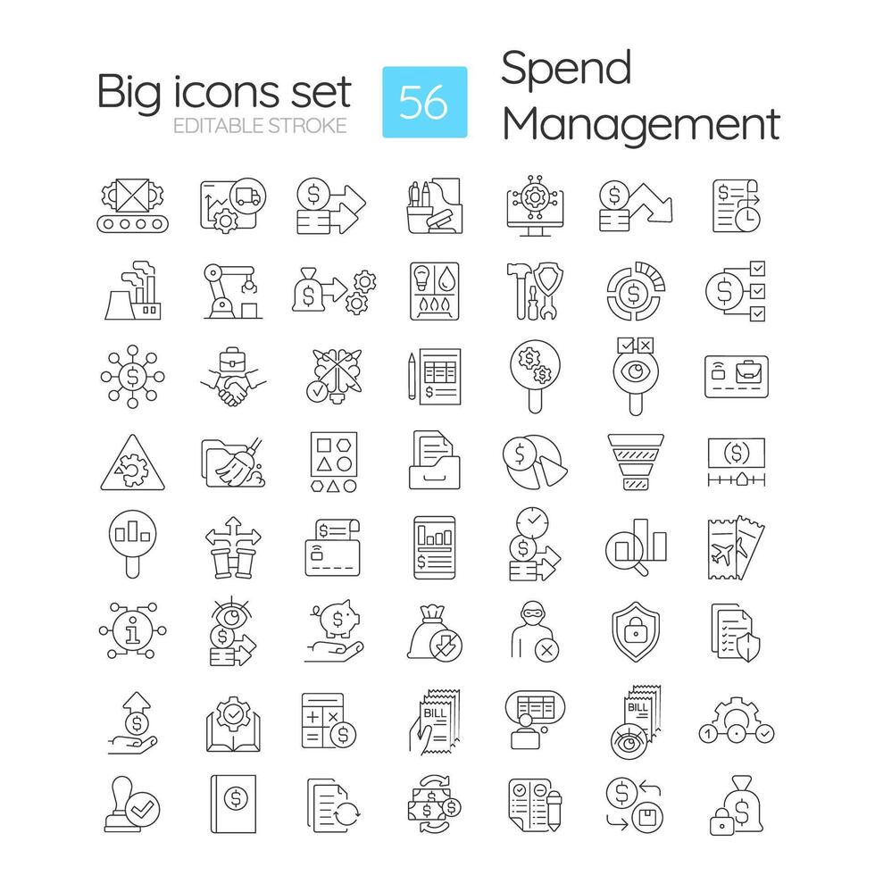 Spend management linear icons set. Spending documentation, financial stability. Regulatory compliance. Customizable thin line symbols. Isolated outline illustrations. Editable stroke vector
