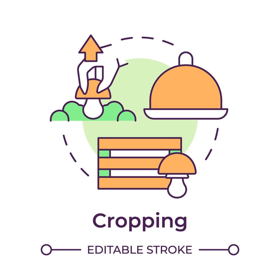 Cropping multi color concept icon. Indoor mushroom farming. Fungi cultivation. Cutting mushrooms. Round shape line illustration. Abstract idea. Graphic design. Easy to use in article vector