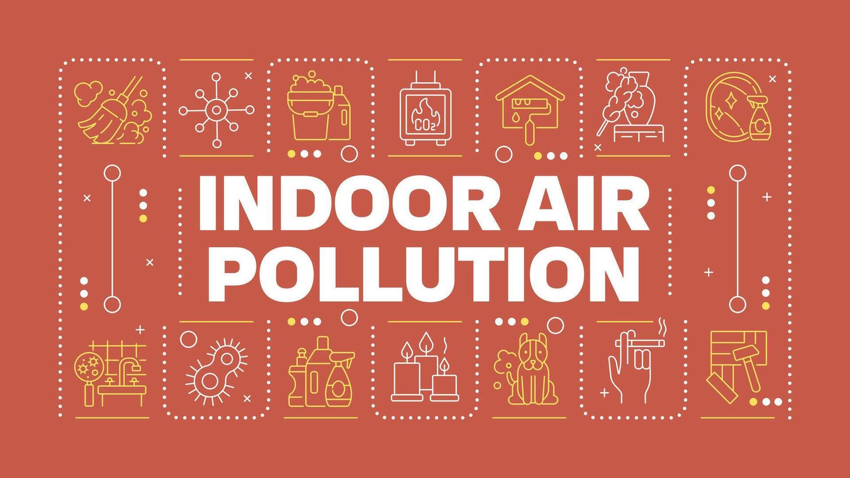 Indoor air pollution red word concept. Home air quality. Dust and allergens. Respiratory health. Horizontal image. Headline text surrounded by editable outline icons vector