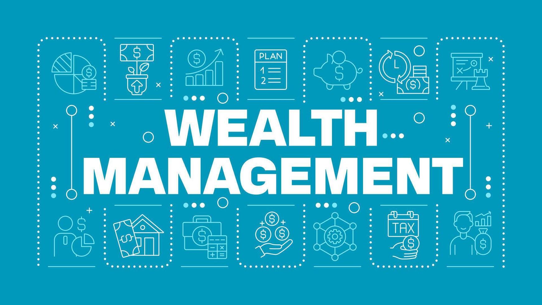 Wealth management blue word concept. Financial services. Budget planning. Financial advisor. Horizontal image. Headline text surrounded by editable outline icons vector