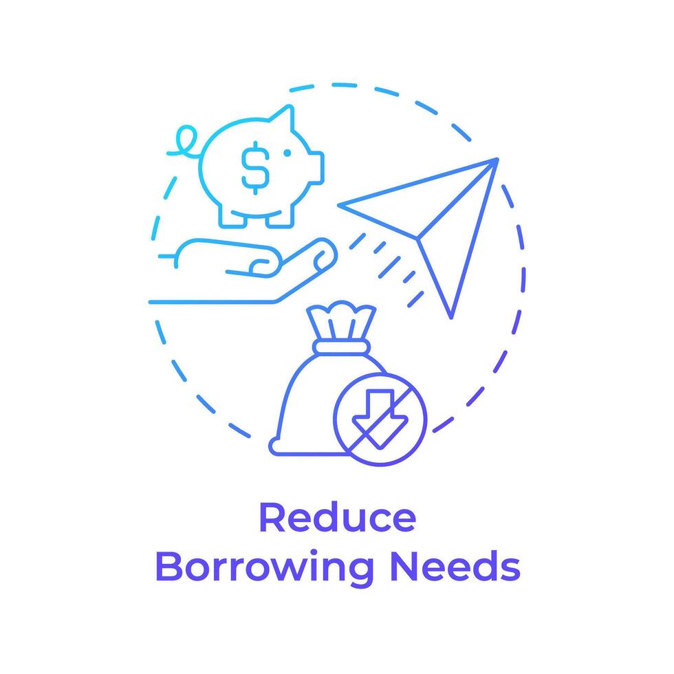 Reduce borrowing needs blue gradient concept icon. Credit accounting, debt. Paper plane, money bag. Round shape line illustration. Abstract idea. Graphic design. Easy to use in infographic vector
