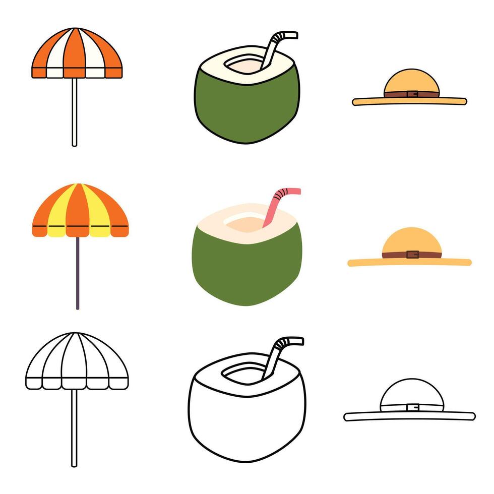A Set of 3 type Summer item such as Coconut, Umbrella, Straw hat in a cartoon design doodle concept, vector