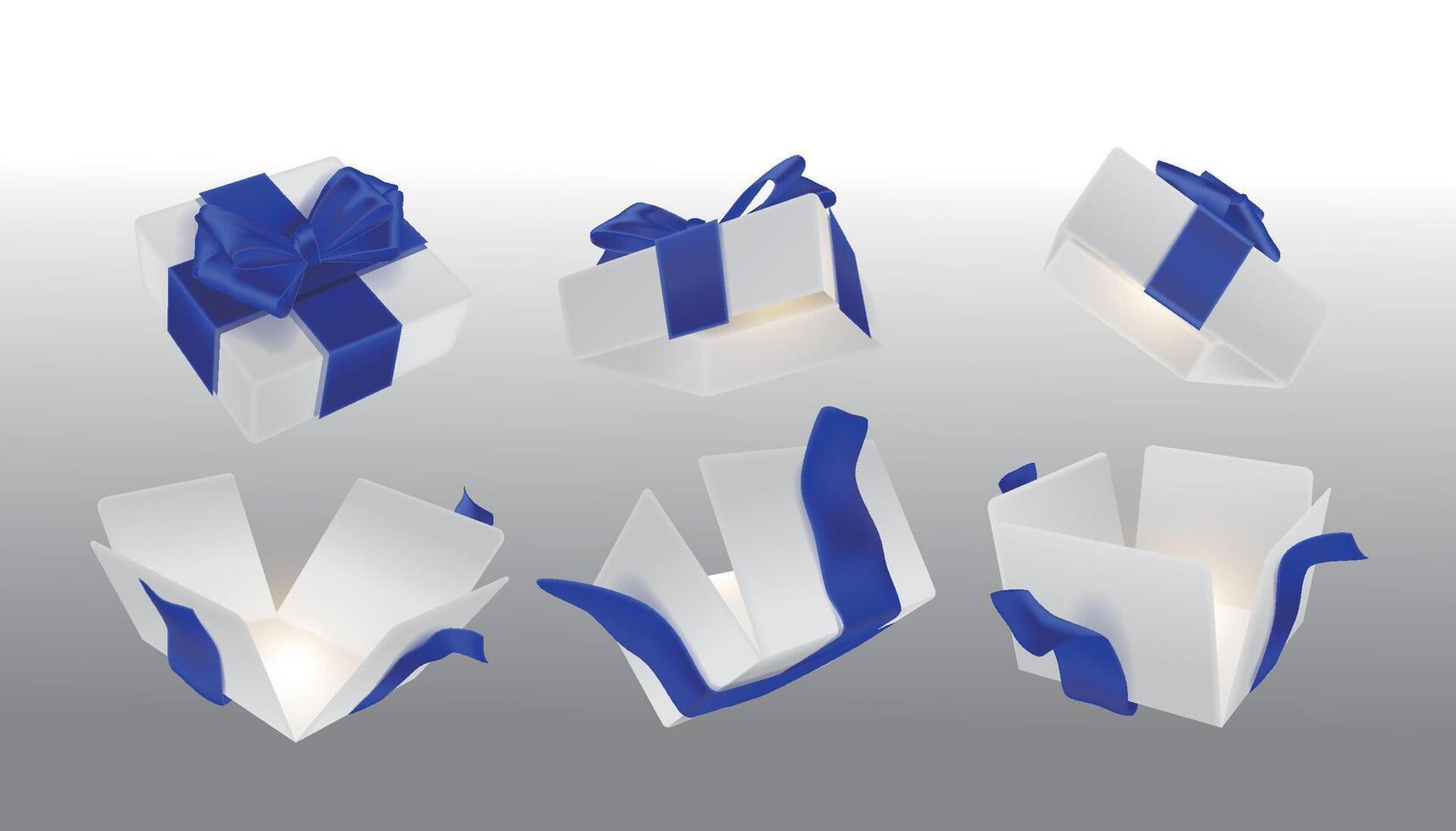 A set of open white surprise boxes tied with blue ribbons vector