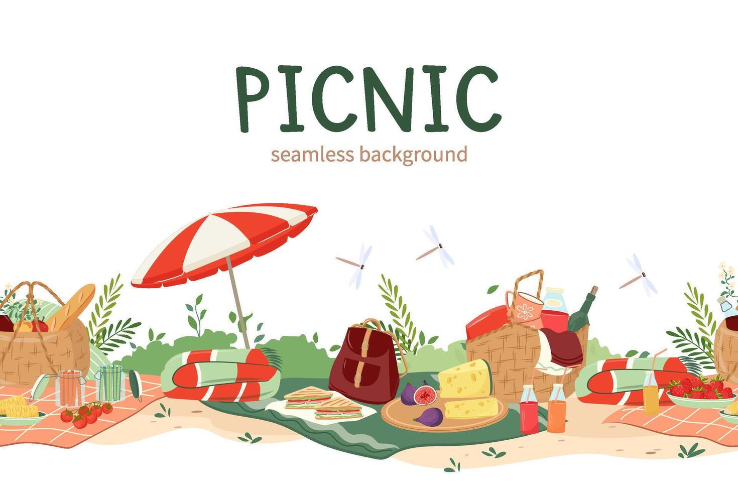 Summer picnic border. Hand drawn horizontal seamless pattern, baskets full of delicious, party, furniture, camping for relax outdoor. Great for textiles, banners, wallpaper vector