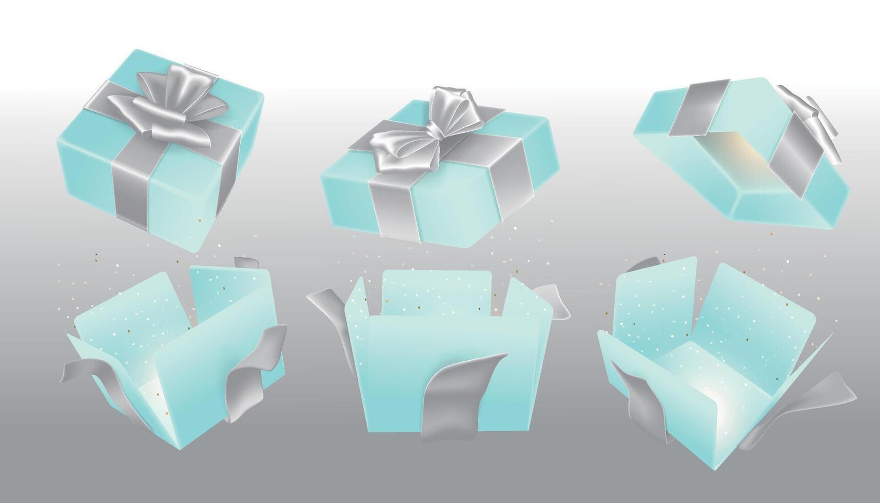 A set of open baby blue surprise boxes tied with silver ribbons vector