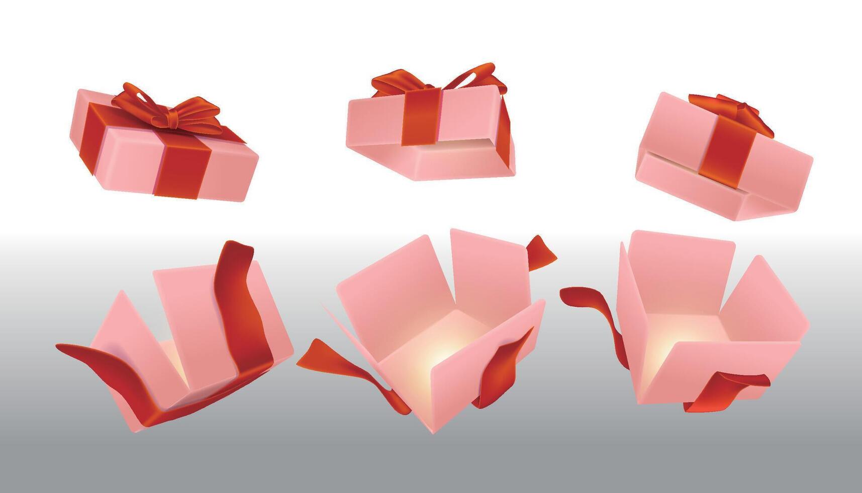 A set of open pink surprise boxes tied with red ribbons vector