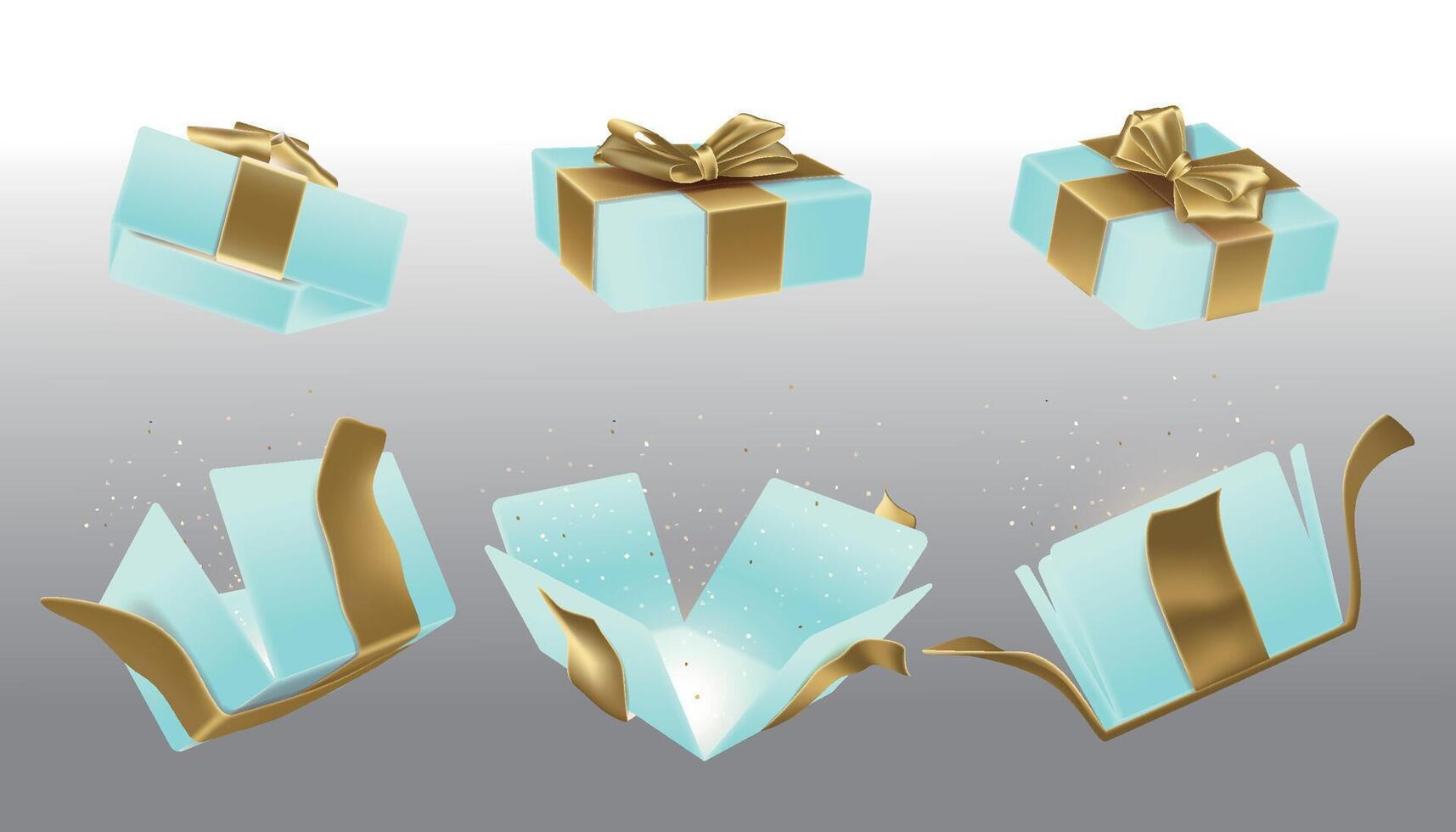 A set of open baby blue surprise boxes tied with gold ribbons vector