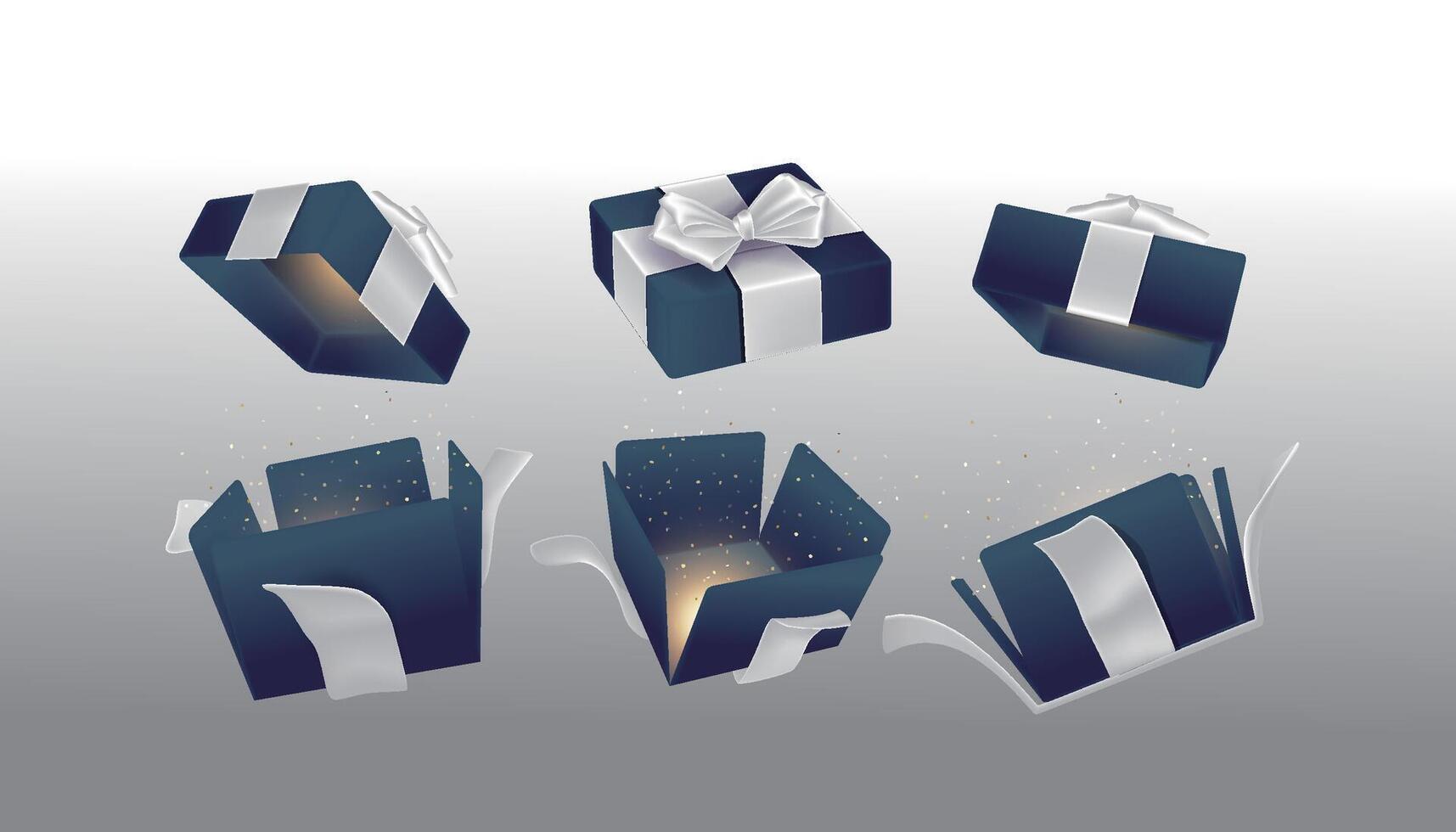 A set of open blue surprise boxes tied with silver ribbons vector
