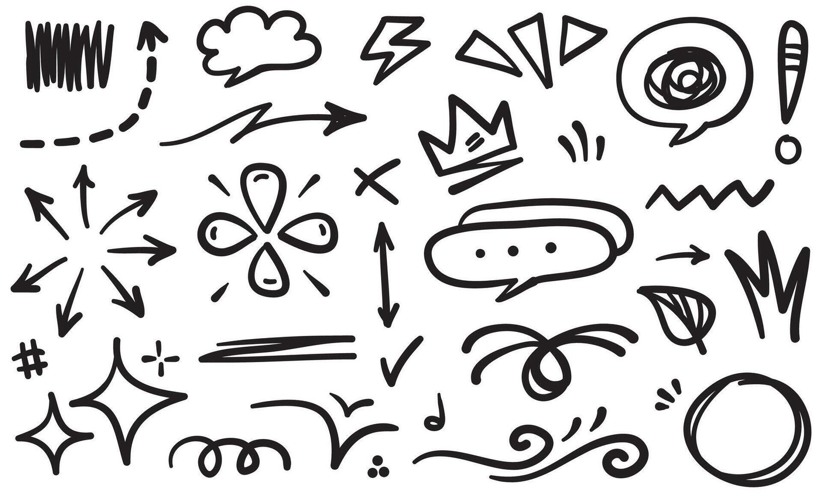 Doodle set of hand-drawn cartoony expression sign doodle, curve directional arrows, emoticon effects design elements, cartoon character emotion symbols, cute decorative brush stroke lines. vector