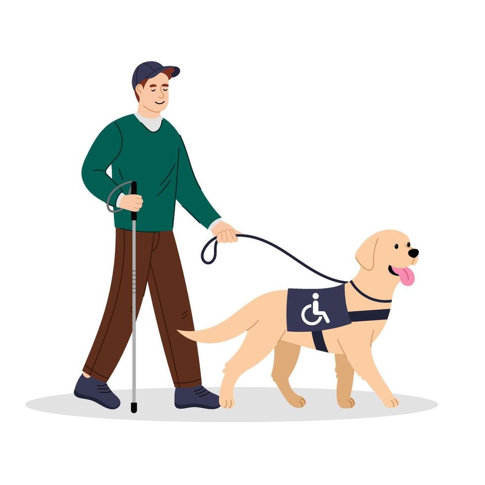 Blind man with a cane and a guide dog in flat style on a white background. Disability. A blind man leads an active life. Health care concept. Pet friend and assistant for blind people. vector