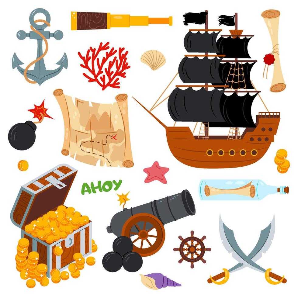Pirate set in cartoon flat style. Illustration with pirate clipart elements. Pirate elements set. Pirates theme illustrations with ship, chest, map, cannonball and other. vector