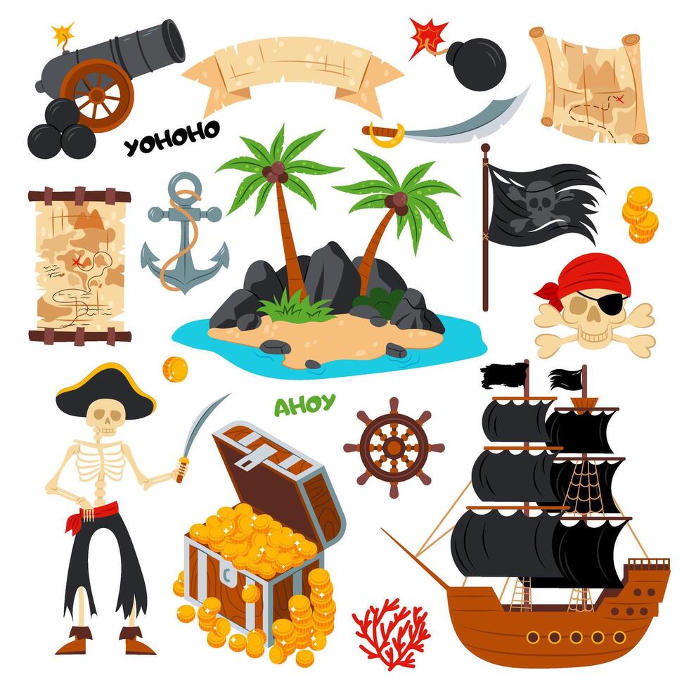 Pirate set in cartoon flat style. Illustration with pirate clipart elements. Pirate elements set. Pirates theme illustrations with ship, chest, map, cannonball and other. vector