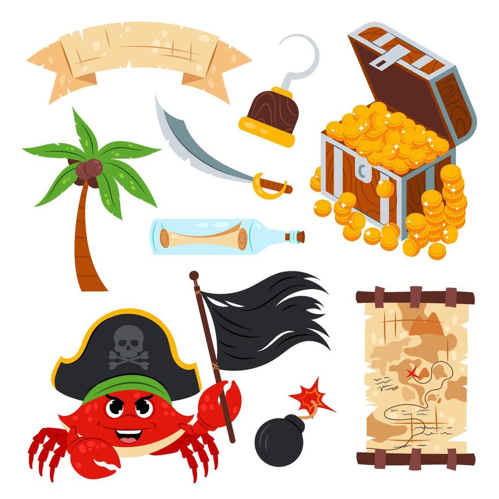 Crab with a black flag. Cartoon sea crab with different pirate items on a white background. Pirate in flat style. Set of cartoon pirate elements for children. vector
