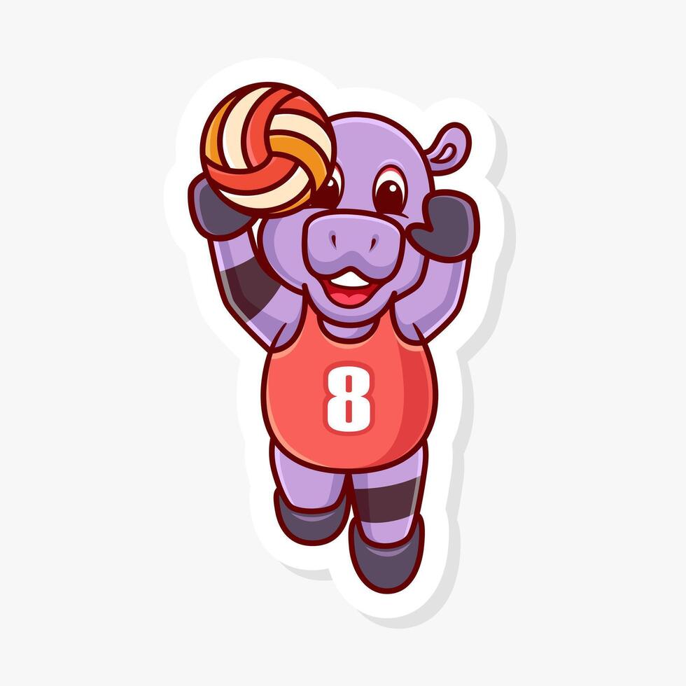 Hippo Jumping to hit a volleyball, cute cartoon character of animal doing sport. vector